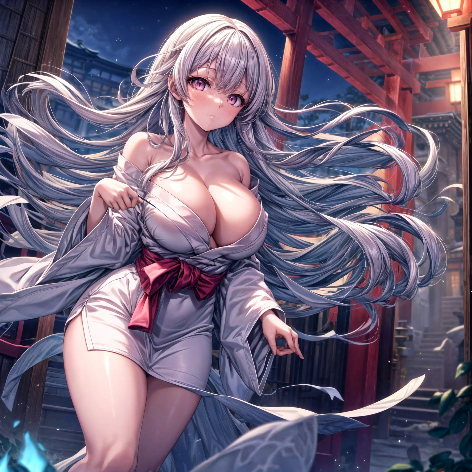 Masterpiece, 1girl,solo,huge breasts, ghost costume , (hitodama) ,night, tombstone, graveyard,,, long sleeves, very long sleeves, , ghost, pale skin,, off shoulder, cleavage, no bra, (((extremely long white hair))), standing by  tombstone, bare legs, shredded tattered clothes, curvy wide hips, massive breasts, chubby thighs, (((beautiful bright pink anime eyes))), japanese temple,