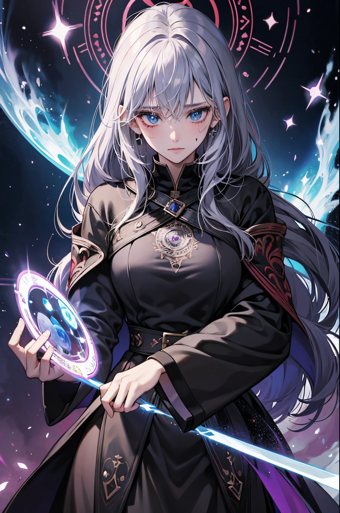 dark magic user, black holes, witch, cursed tattoo on body, robes, grey skin, crest, close-up, huge magic circle on hand, fantasy art, sapphire accesory, perfect body shape, look away, shy blushing face, masterpieces, solo, magical belt, void aura, mystic quality, 16k anime wallpaper quality, extreme eye detail, breast expose