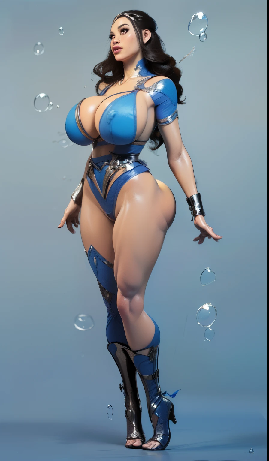(Kitana),((Character design sheet)), environment Scene change, (((Masterpiece:1.4))), (Very detailed: 2), (Beautiful: 2), (giant breast:1.5), (perfect bubble butt:1.5), ( long wavy dark hair: 1.6),((Masterpiece)), Highly detailed, Perfect, (Hanging blue bikini:1.1), ((Cool color palette:1.3)), (full body view), ((full - body:1.7)), (Bimbo:1.4),