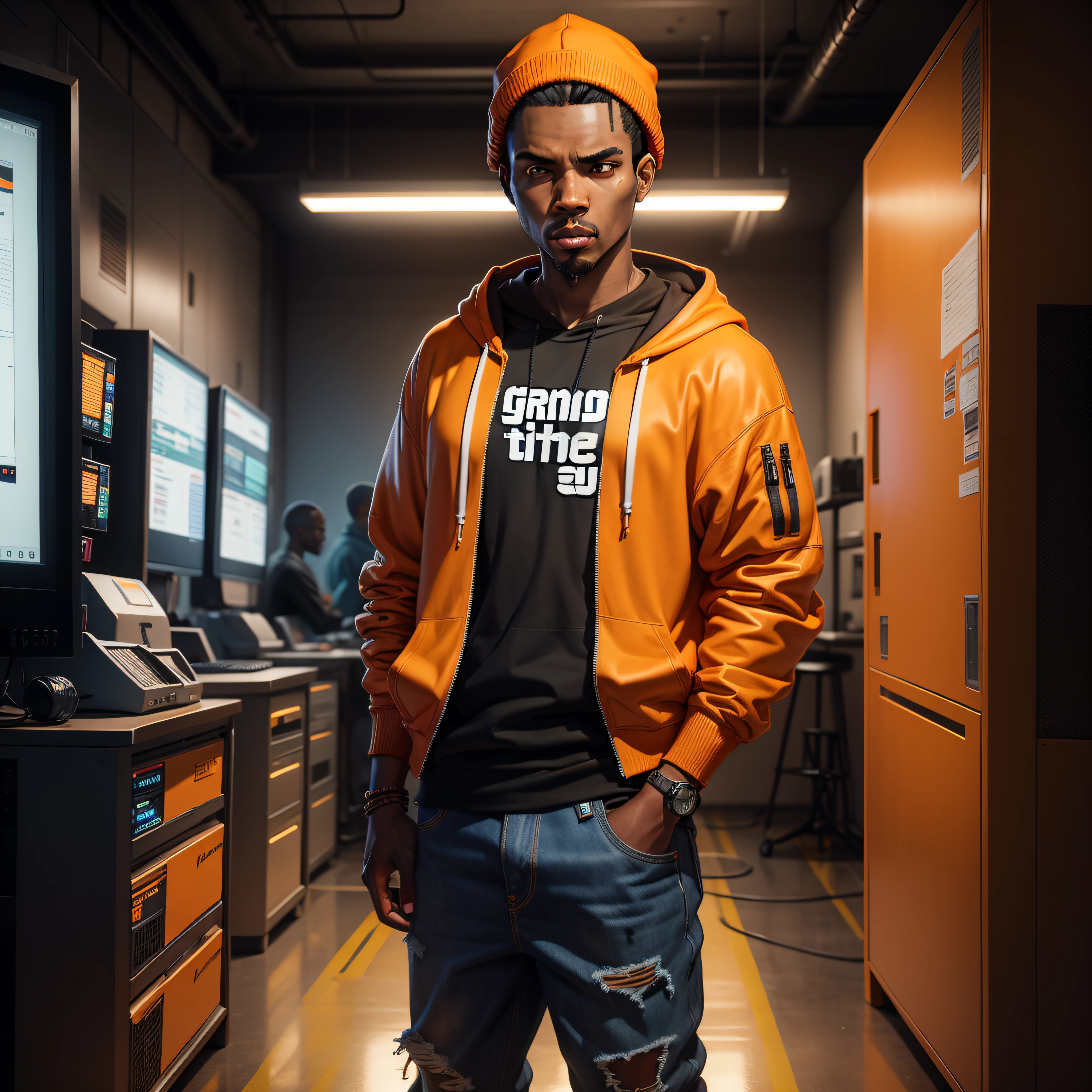 grand theft auto v,black man,box braids,orange hoodie,jeans, orange jodan 1 sneakers, hand over his mouth, standing in a graphics design room with led computer screens