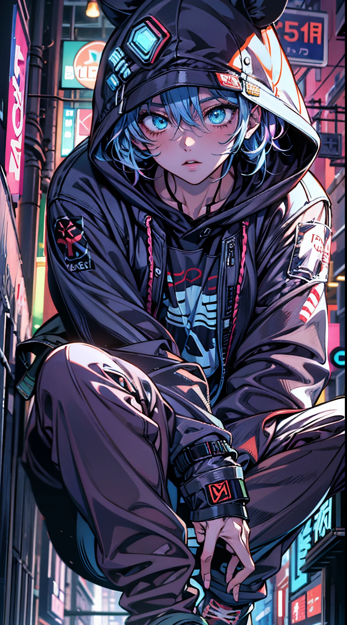 Masterpiece, best quality, high quality, ultra detailed, anime boy sitting on a ledge in a city at night, digital cyberpunk anime art, anime cyberpunk art, cyberpunk anime art, modern cyberpunk anime, digital cyberpunk - anime art, anime cyberpunk, badass anime 8 k, anime style 4 k, 4k anime wallpaper, tall anime guy with blue eyes, cyberpunk anime girl in hoodie, hd anime wallaper, cyberpunk hero