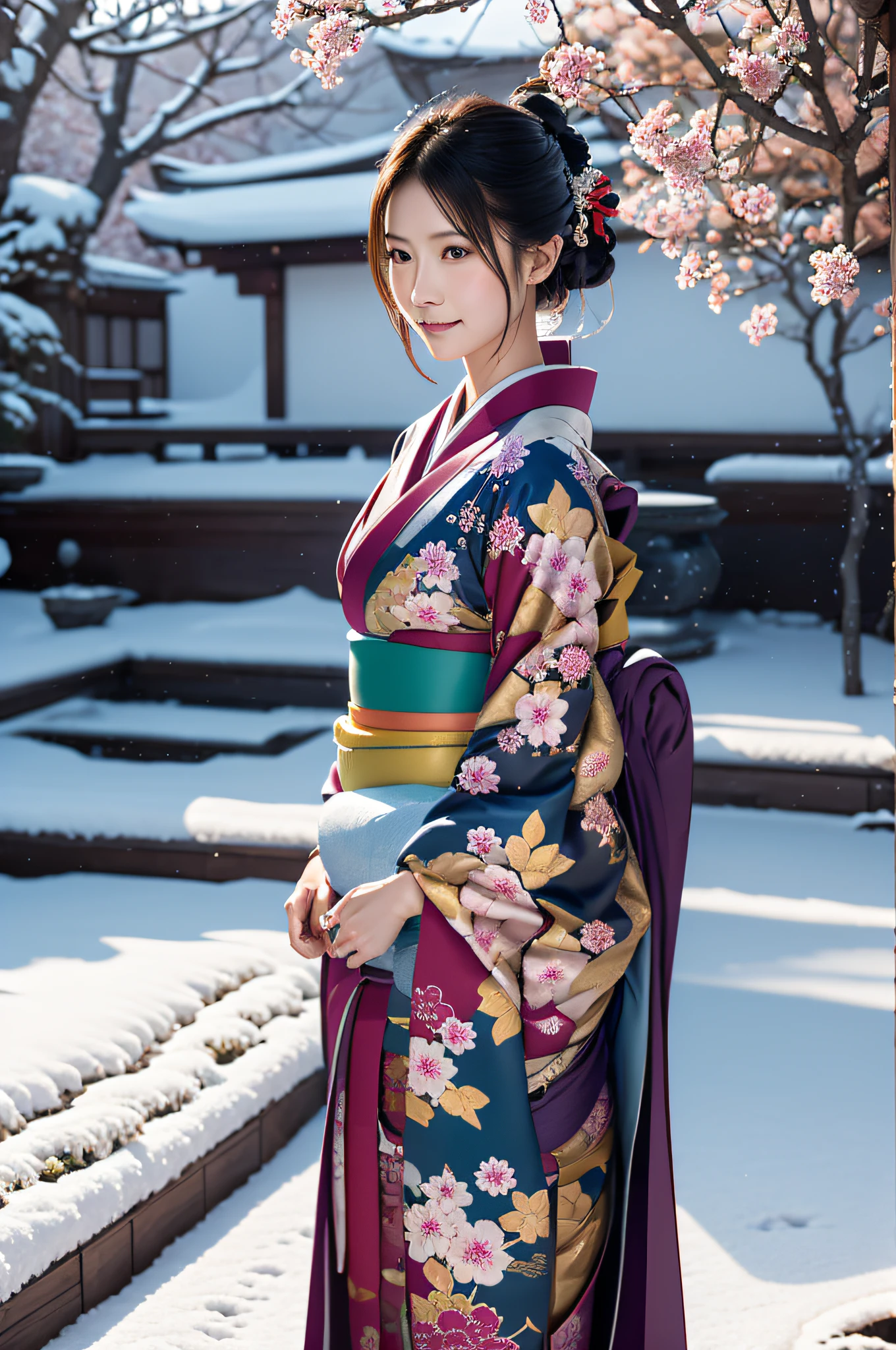 A realistic digital illustration depicting a scene in January in Japan. The focus is on a beautiful young woman wearing a traditional kimono, standing in a serene snow-covered garden. The garden is adorned with traditional New Year decorations like kadomatsu and shimenawa. The scene is set during the early morning, with a soft glow of the rising sun casting gentle light on the snowy landscape. The woman is looking towards the first sunrise of the year, with a peaceful and hopeful expression. Her kimono is elegantly detailed, featuring winter motifs and vibrant colors that stand out against the white snow. The illustration captures the tranquil beauty of a Japanese winter morning, with emphasis on texture, lighting, and a harmonious composition.