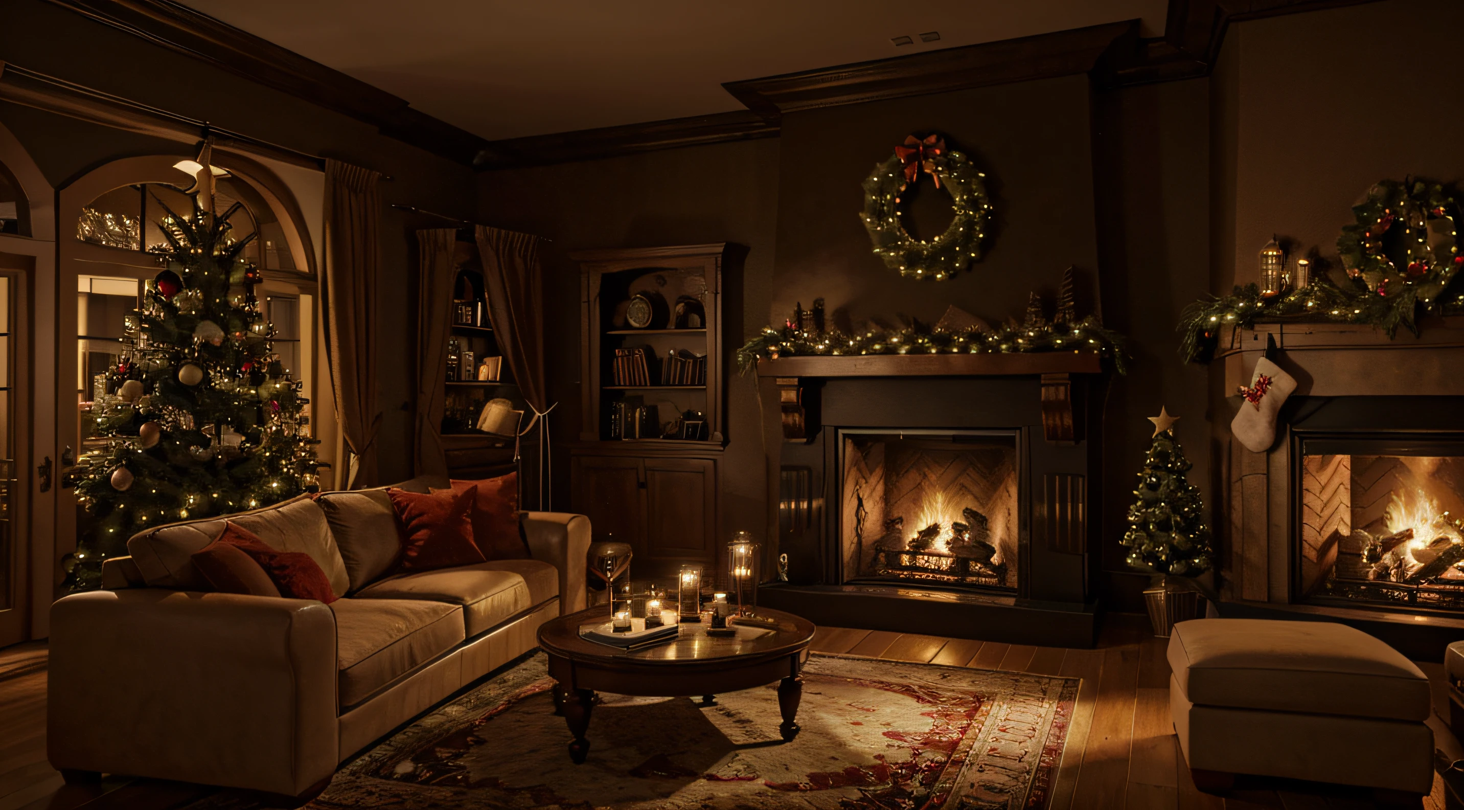 living room with fireplace, Christmas atmosphere, Christmas, night, large window, ultra-realistic, real quality, 4K,