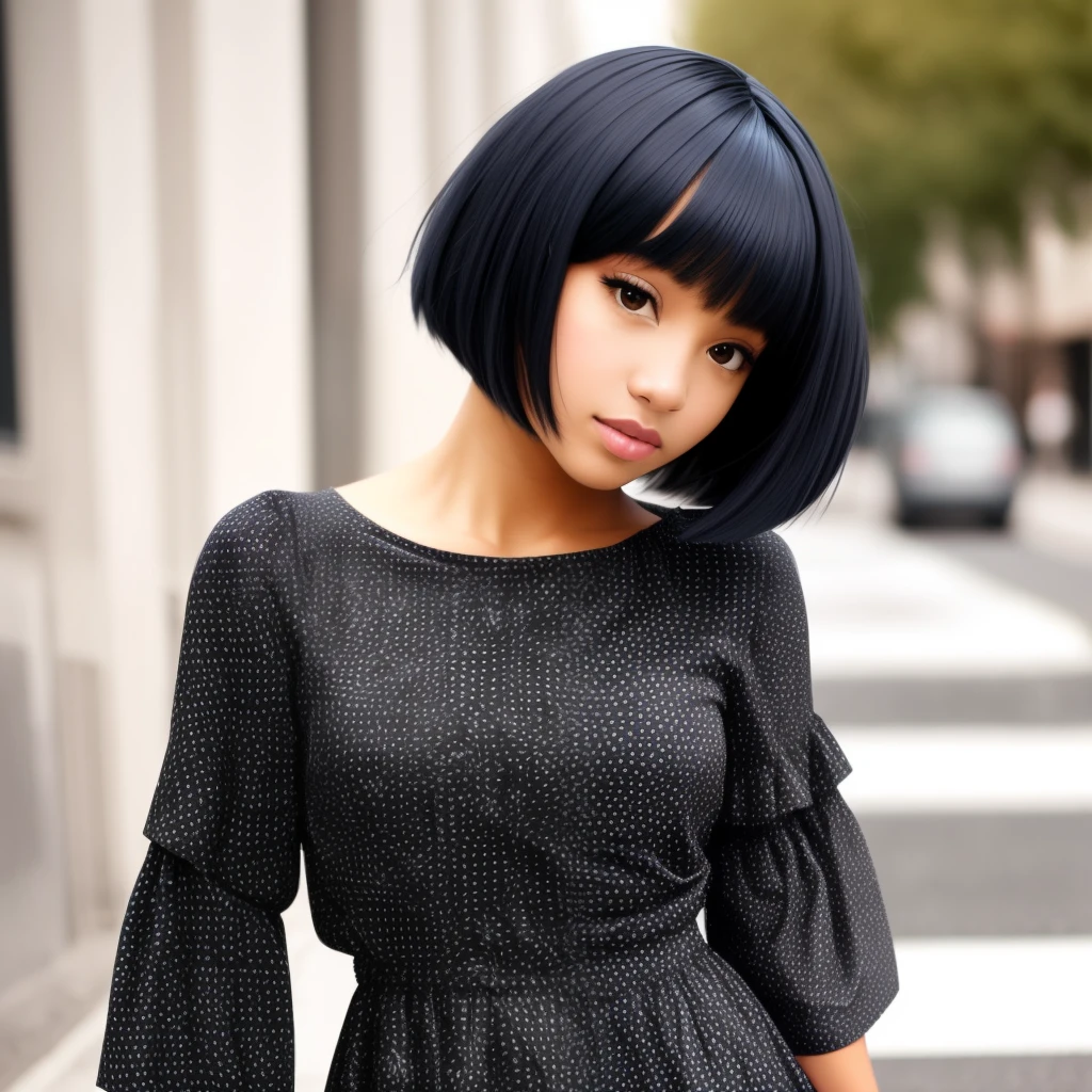Black skinny girl with a pixie wig and a cheater print dress