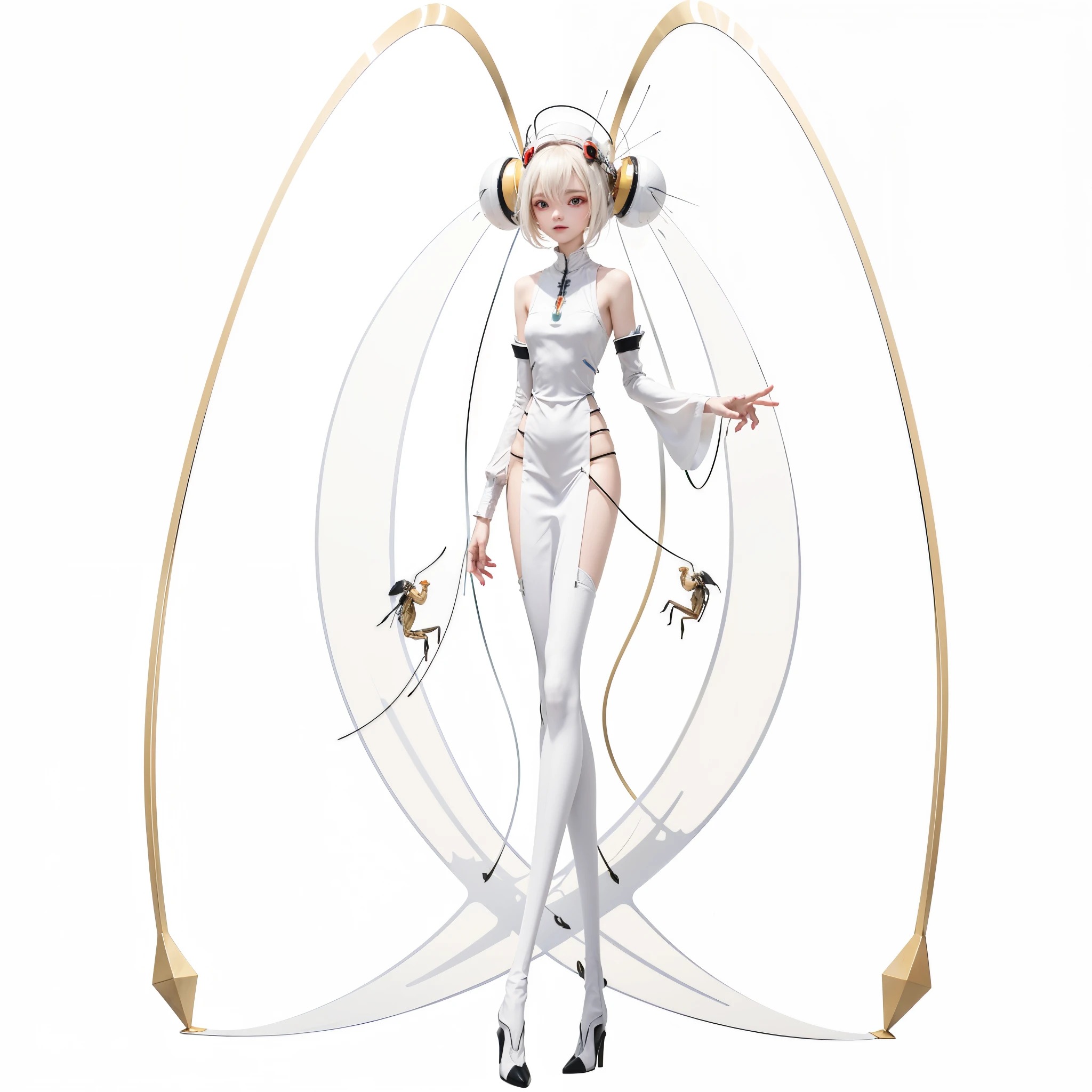 anime, One in a white dress，Woman with long tail and hat, long shot jorogumo, sil from species, a humanoid mosquito, with long antennae, Humanoid form, long antennae, lolth, with long thin antennae, glamorous angewoman digimon, Aliens in the form of praying mantises, antasy character, Thin antennae