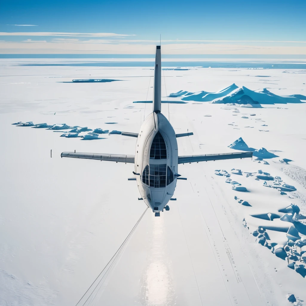 (Best Quality, Photorealistic), aerial view from above, A white large airship from the 19th century flies in the skies over Antarctica., cinematic ambient, in the style of steampunk