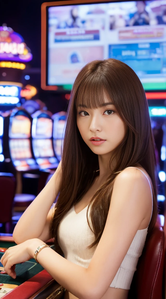 ((最高品質, 10, masterpiece: 1.3)), crisp focus: 1.2, Beautiful woman with perfect style: 1.4, Slender abs: 1.2, ((dark-brown hair, small: 1.2)), (natural light, city street: 1.1), Highly detailed face and skin texture, detailed eyes, 二重まぶた (Random background,In casinos,VIP casino room, Modern Casino Console, Modern Slot Machines )