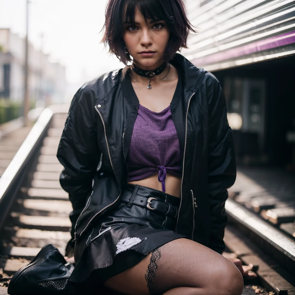(best quality,Realistic:1.2),ultra-detalhado, com cabelo roxo,camisa roxa,vivid colors,fotorrealista,cabelo preto com pontas roxas,fierce expression,Olhos azuis claros