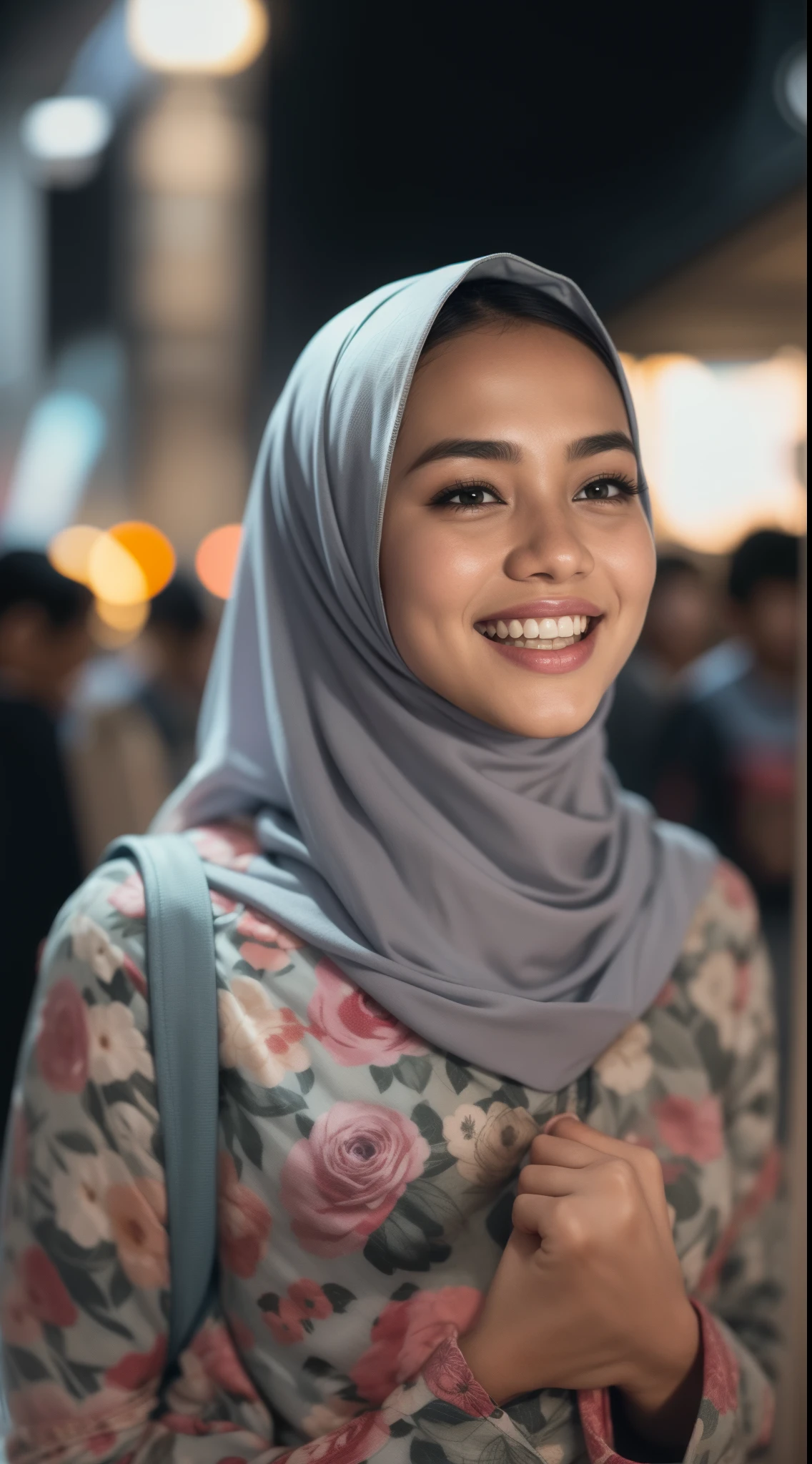 Malay girl in hijab wear small floral baju kurung malaysia in college, wear back pack, back view, detail skin, detail skin texture, mole below eyes, small breast, big hip, big waist, big round ass, big thigh, slim abs, beautiful body, nighttime, laughing, happy, bright lighting, college student in background, crowded college, blur background, bokeh,Super 8mm lense, Extreme close-up, High Contrast cinematography effect, Natural Lighting, Desaturate color grading, high quality, ultra detail, 8k resolution,