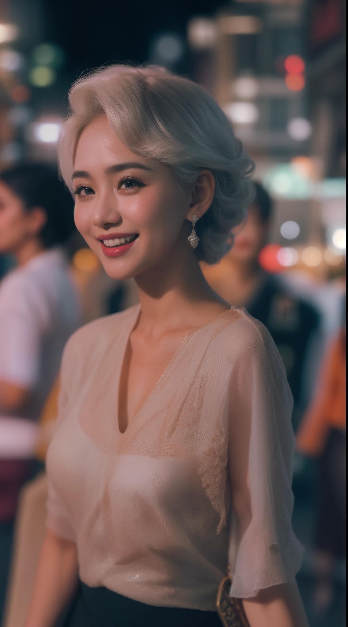 Malay girl, medium white hair, bouncy curls haircut, (wear kebaya nyonya), ( laughing and posing with hand on hip, wear handbag, from back view, windy, detail skin, age spot, detail skin texture, mole below eyes, small breast, flat chest, wide hips, small waists, thick thighs, slim abs, beautiful body, nighttime, laughing, happy, bright lighting, crowded night city street, blur background, bokeh,Super 8mm lense, Extreme close-up, High Contrast cinematography effect, Natural Lighting, Desaturate color grading, high quality, ultra detail, 8k resolution,