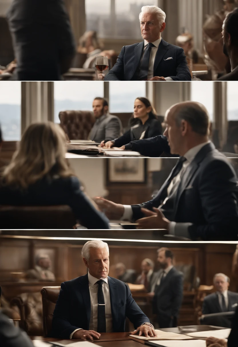 A photo of Logan hard at work in a boardroom, surrounded by members of his team, all engaged in intense discussions.,original,Logan Roy, the fictional patriarch in “Succession,” possesses a commanding presence, characterized by his tall stature, sharp suits that speak to his power and wealth, and an often stern, unyielding facial expression. His aging appearance, marked by a full head of white hair and a penetrating gaze, adds to his intimidating demeanor.