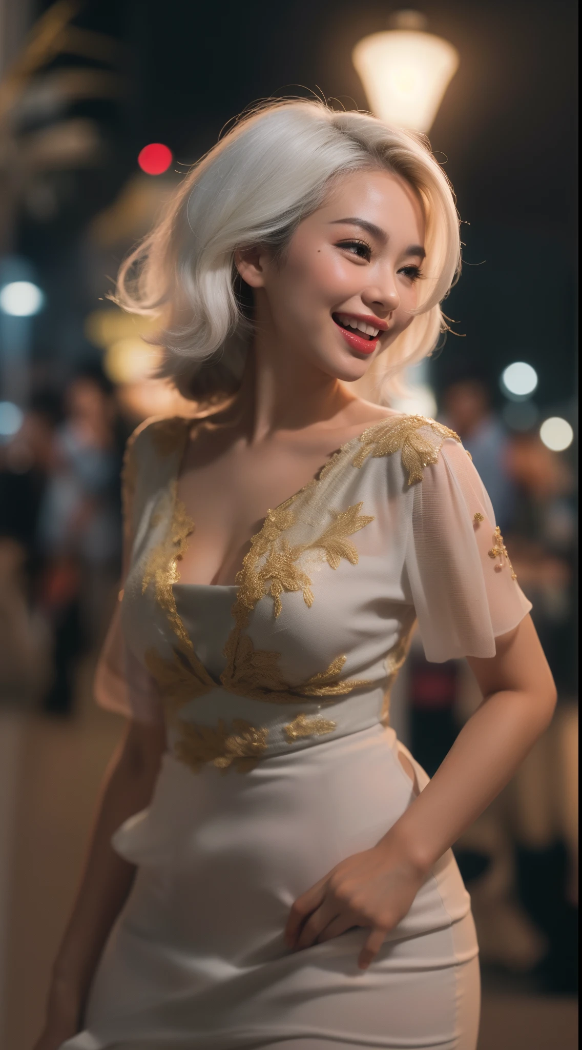 Malay girl, medium white hair, bouncy curls haircut, (wear kebaya nyonya), ( laughing and posing with hand on hip, wear handbag, from back view, windy, detail skin, age spot, detail skin texture, mole below eyes, small breast, flat chest, wide hips, small waists, thick thighs, slim abs, beautiful body, nighttime, laughing, happy, bright lighting, crowded night city street, blur background, bokeh,Super 8mm lense, Extreme close-up, High Contrast cinematography effect, Natural Lighting, Desaturate color grading, high quality, ultra detail, 8k resolution,