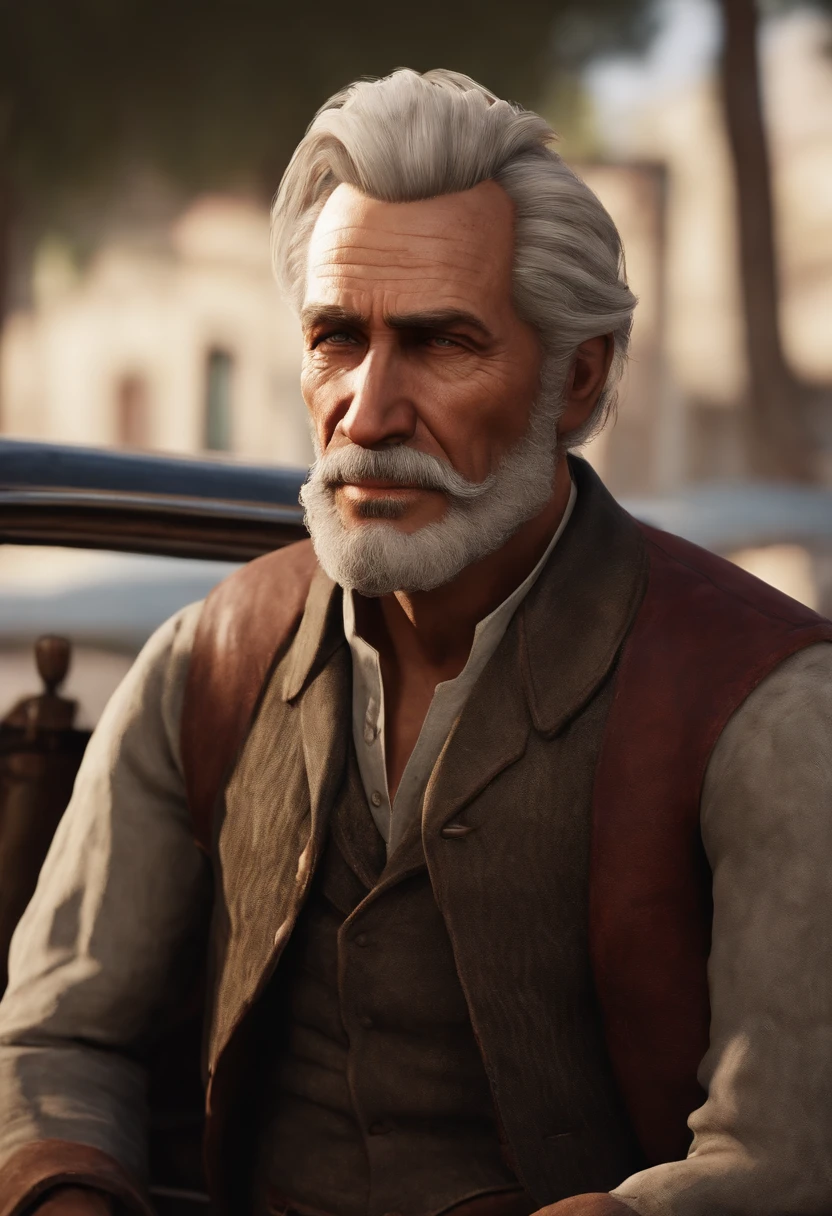 A candid shot of Hosea charming his way out of a parking ticket by using his good-natured humour and quick wit.,Red Dead Redemption II, Hosea is a lean, elderly man with neat, silver hair cut short and a clean-shaven face.