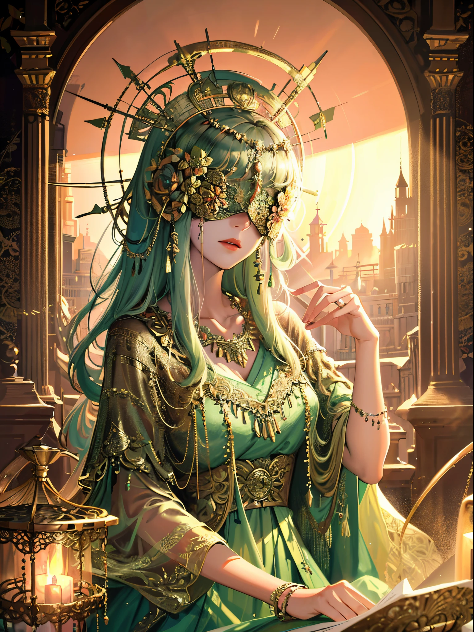 portrait, a woman wearing a halo blind mask, necklace, tone mapped, detailed, highly detailed, digital painting, artstation, concept art, smooth, sharp focus, beautiful illustration, photo, brightly lit, dynamic lighting, fog, intricate, film grain, professional, facing the viewer, OldEgyptAI