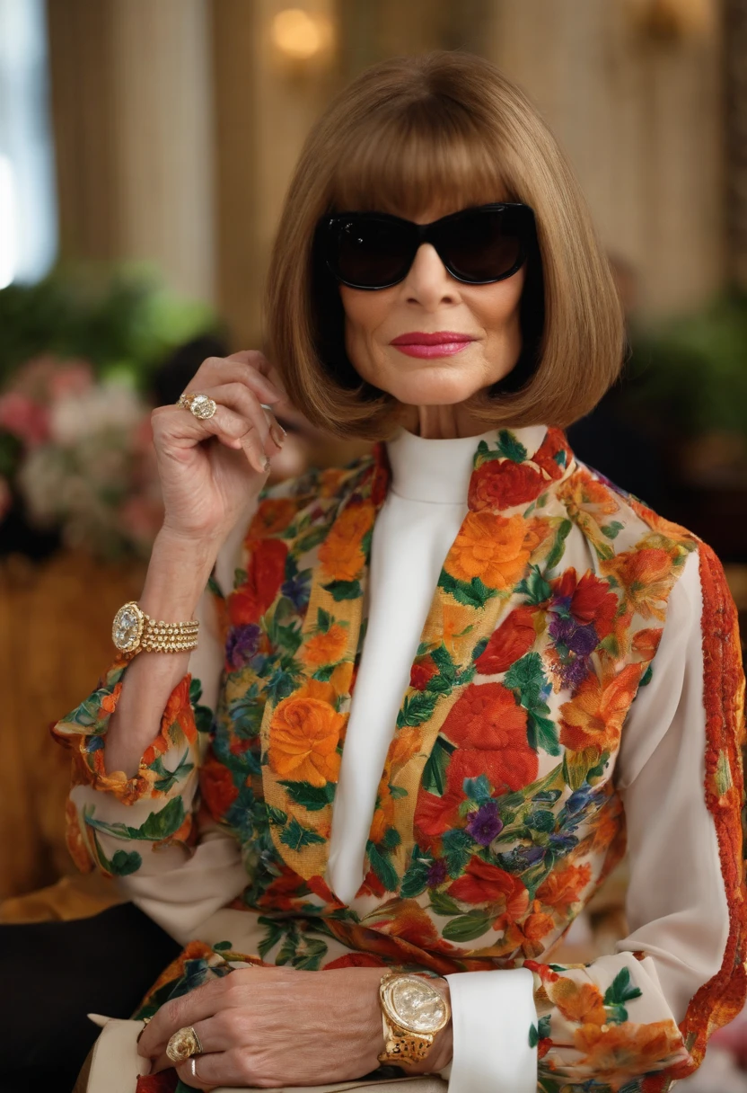 An exotic assortment of colorful spices and ingredients,original,Anna Wintour, the influential editor-in-chief of Vogue magazine, is renowned for her distinctive and polished appearance. She is often seen with a sharp, sleek bob haircut and oversized dark sunglasses, which have become her trademark look. Her fashion style is impeccable and sophisticated, usually featuring designer outfits that are both elegant and assertive.