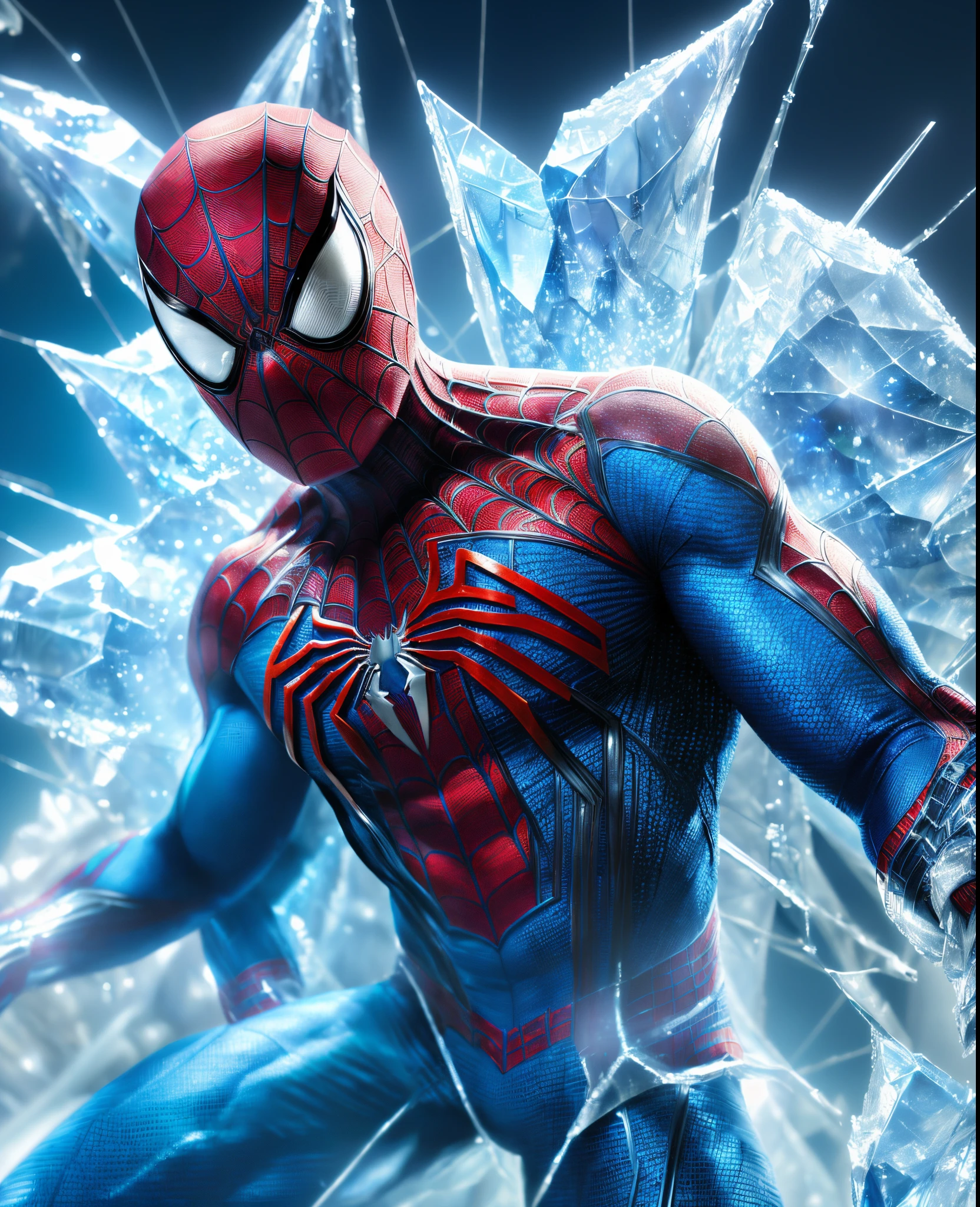 (extremely detailed 8k wallpaper), Close-up (futuristic Spiderman suit made of ice From Marvel dressed in ice style: 1.3) emerging from the the futuristic world, White and cyan, extremely detailed, volumetric lighting