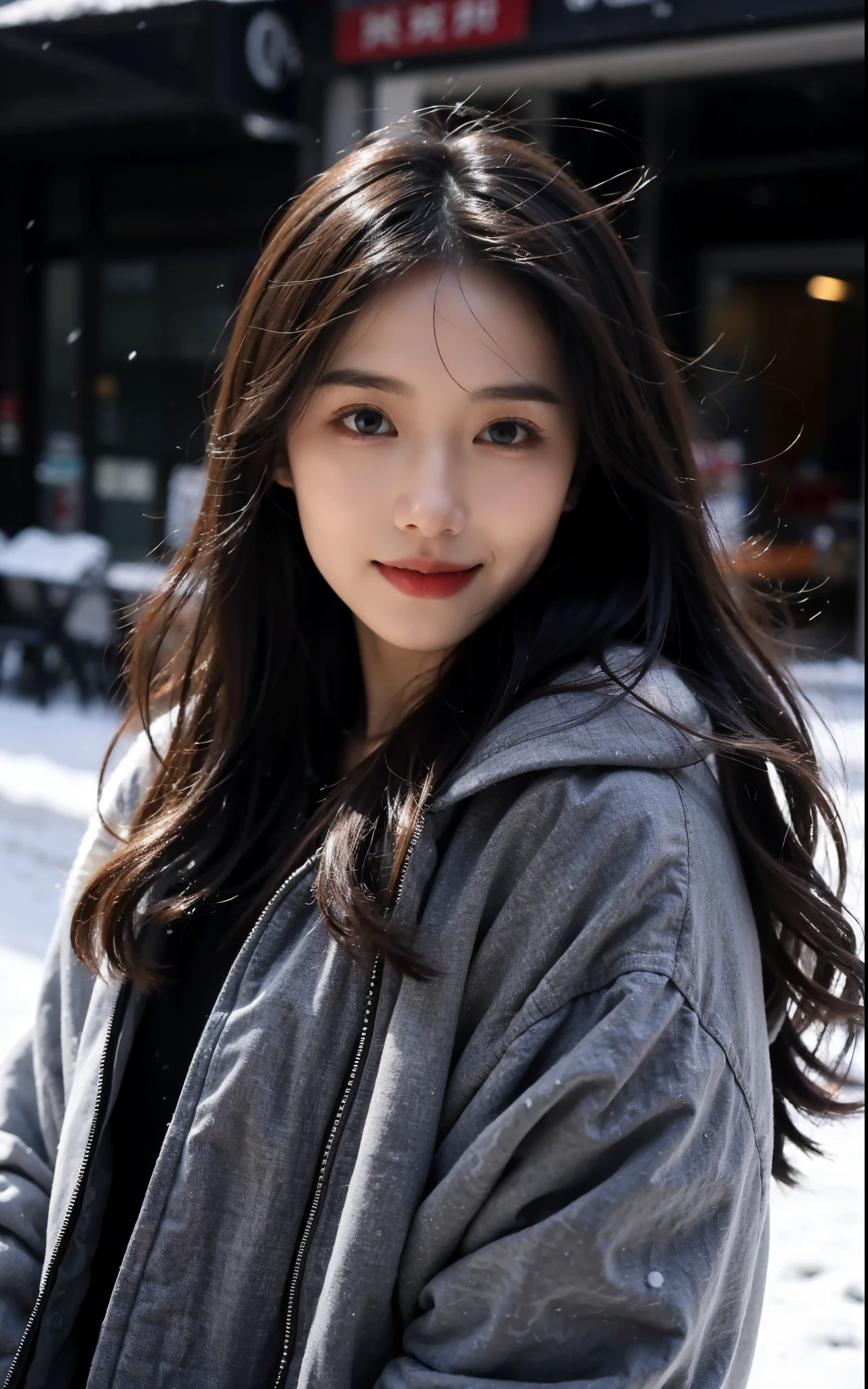 Wearing a white down jacket, Fair skin, 1 girl，Close your mouth and smile，Winters，23-year-old girl，high qulity，looks into camera，facing to audience，snowy days