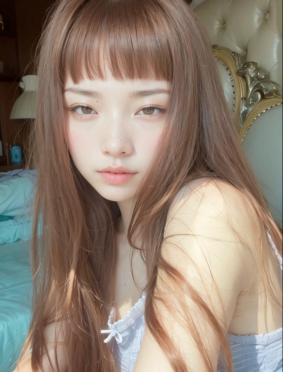 There is a young woman with long brown hair sitting on a bed, El Corte Hime, Chiho, con flequillo, pale fair skin!!, Lalisa Manobal, con cabello largo y ojos penetrantes, Peinado blanco de corte hime, neat hair con flequillo, con flequillo completo, long hair con flequillo, Shikamimi, Hermosa Delphine