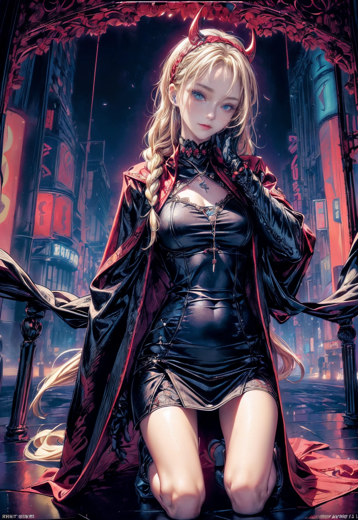 Cinematic lighting,super detailed skin、Beautiful detailed eyes、Best Quality,cyberpunked,(Alternative、dim colors, Soothing tones:1.3),NSFW(1beautiful woman、sixteen years old、Detailed beautiful facial features、blue eyess、blonde side braided hair、Red Devil&#39;Small headband:1.3)(well-shaped breasts、black and red long coat、a miniskirt:1.2).(Looks Back、crouching down、Hands near the face:1.5)（big rosary choker:1.2)（Little Devil Pose、A slightly smiling face）cherry mark、Black cherry（Soaring Court、black cat、Dynamism:1.4）（Neon light、Neon Street:1.2）Night in Shibuya。jpn、