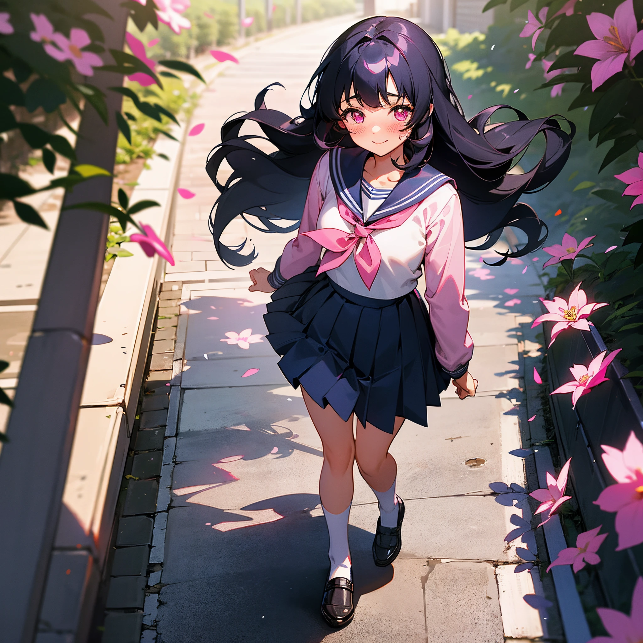 1female, , long black curly hair, finely detailed pink eyes, blue sailor girl uniform, standing on path, walking down alley, light smile, blushing cheeks, flowers, best lighting and shadows, tokyo