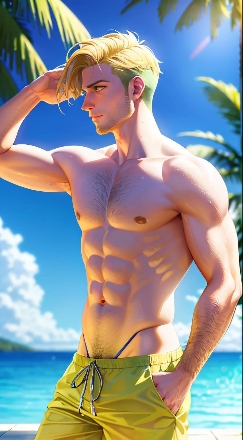 realistic, photo, beautiful, masterpiece, best quality Man profile pic Instagram outdoor wet hair, ray tracing, high quality water, short yellow blond hair, green eyes, realistic water, shirtless pool party