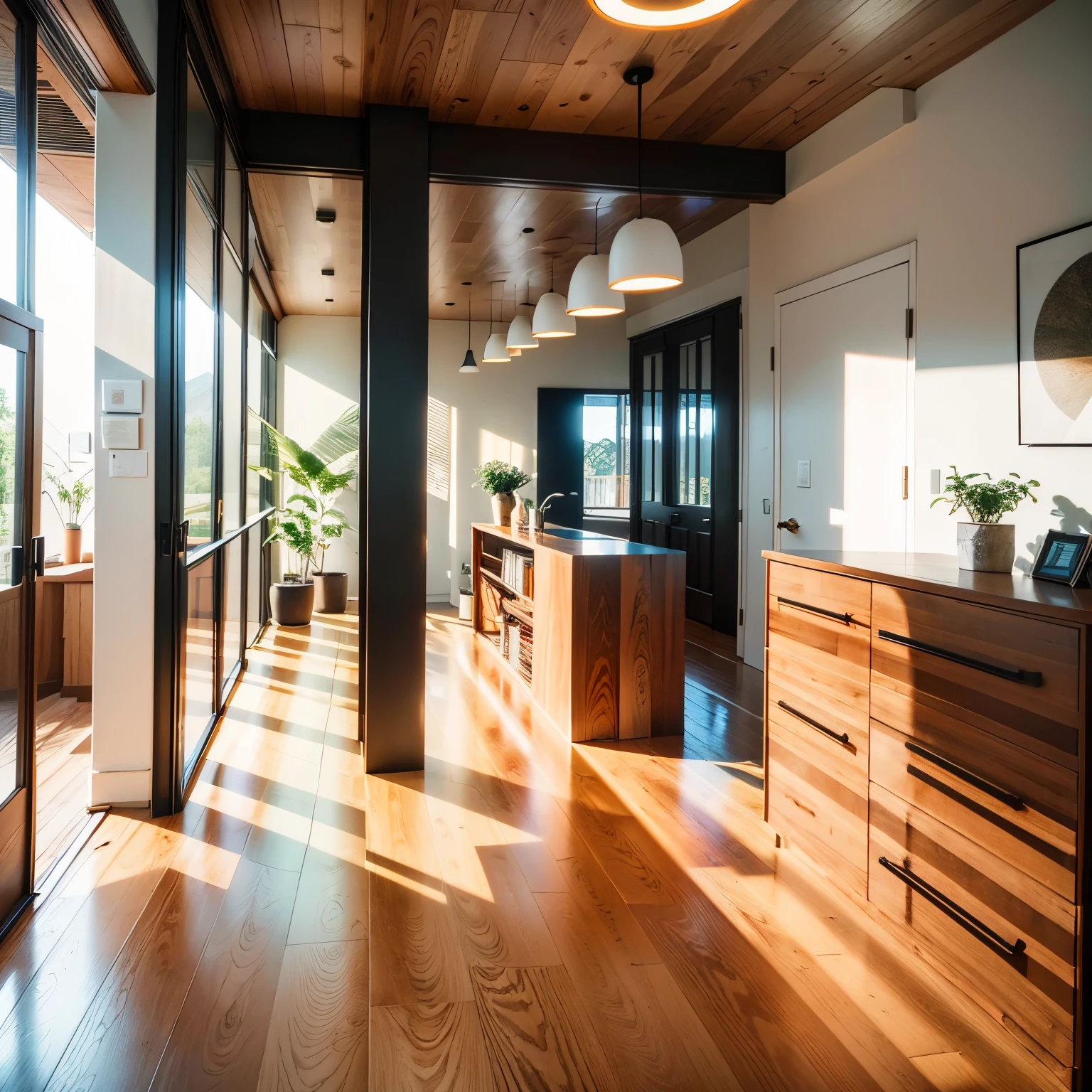 sustainable, interior reception design, daylight,decorated wood sections, side stairs, Bright colours --auto --s2
