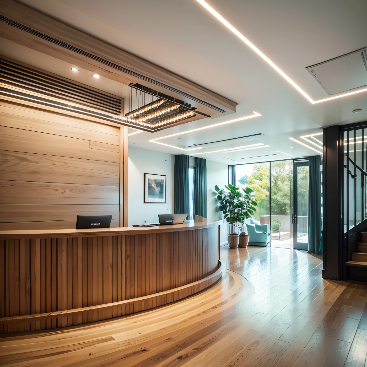 sustainable, interior reception design, daylight,decorated  wood sections, side stairs, Bright colours --auto --s2