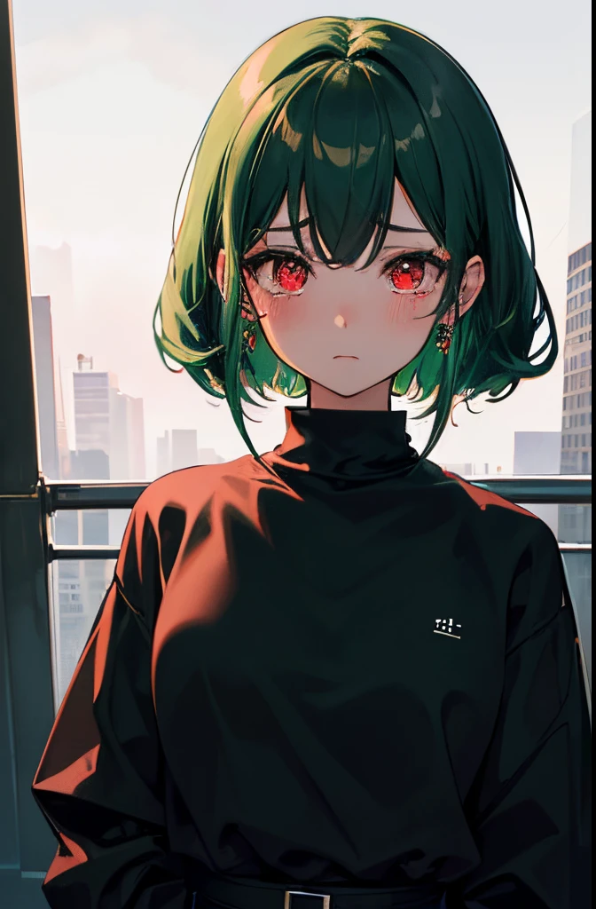 1girl, 4k, ultrasharp, red eyes, glowy eyes, sad expression, plain white shirt, absurdres, masterpiece, rain, green hair, ultradetailed, black earrings, blushing, buldings, tears, depression