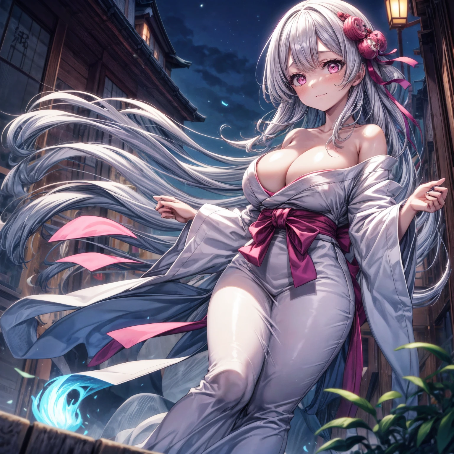 Masterpiece, 1girl,solo,huge breasts, ghost costume , (hitodama) ,night, tombstone, graveyard,,, long sleeves, very long sleeves, , ghost, pale skin,, off shoulder, cleavage, no bra, (((extremely long white hair))), standing by tombstone, bare legs, shredded tattered clothes, curvy wide hips, massive breasts, chubby thighs, (((beautiful bright pink anime eyes))), japanese temple,