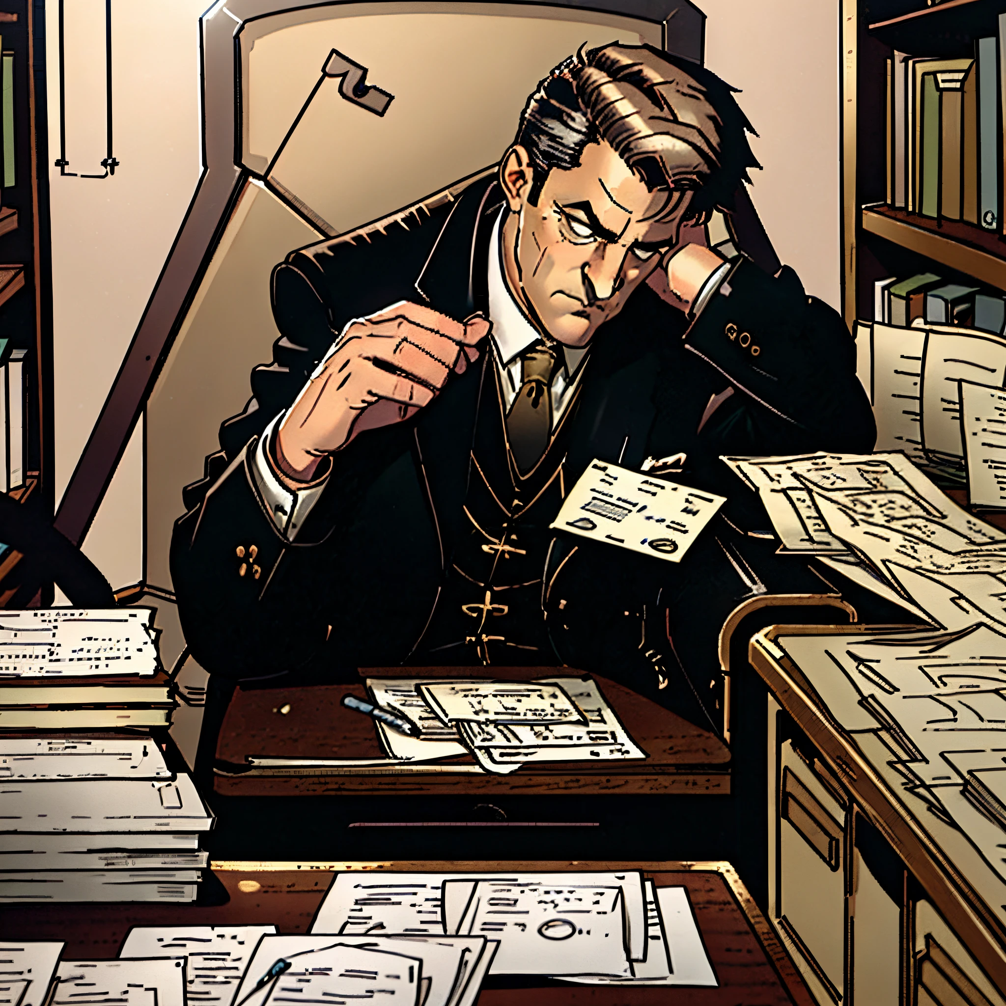 A mature man dressed in a dark suit sits in a leather armchair in his office. The soft light highlights the concentrated expression on his face as he examines documents spread across the table. Bookshelves filled with books and file folders add a touch of authority to the space. The setting suggests an investigator immersed in his work, surrounded by an atmosphere of mystery and dedication.