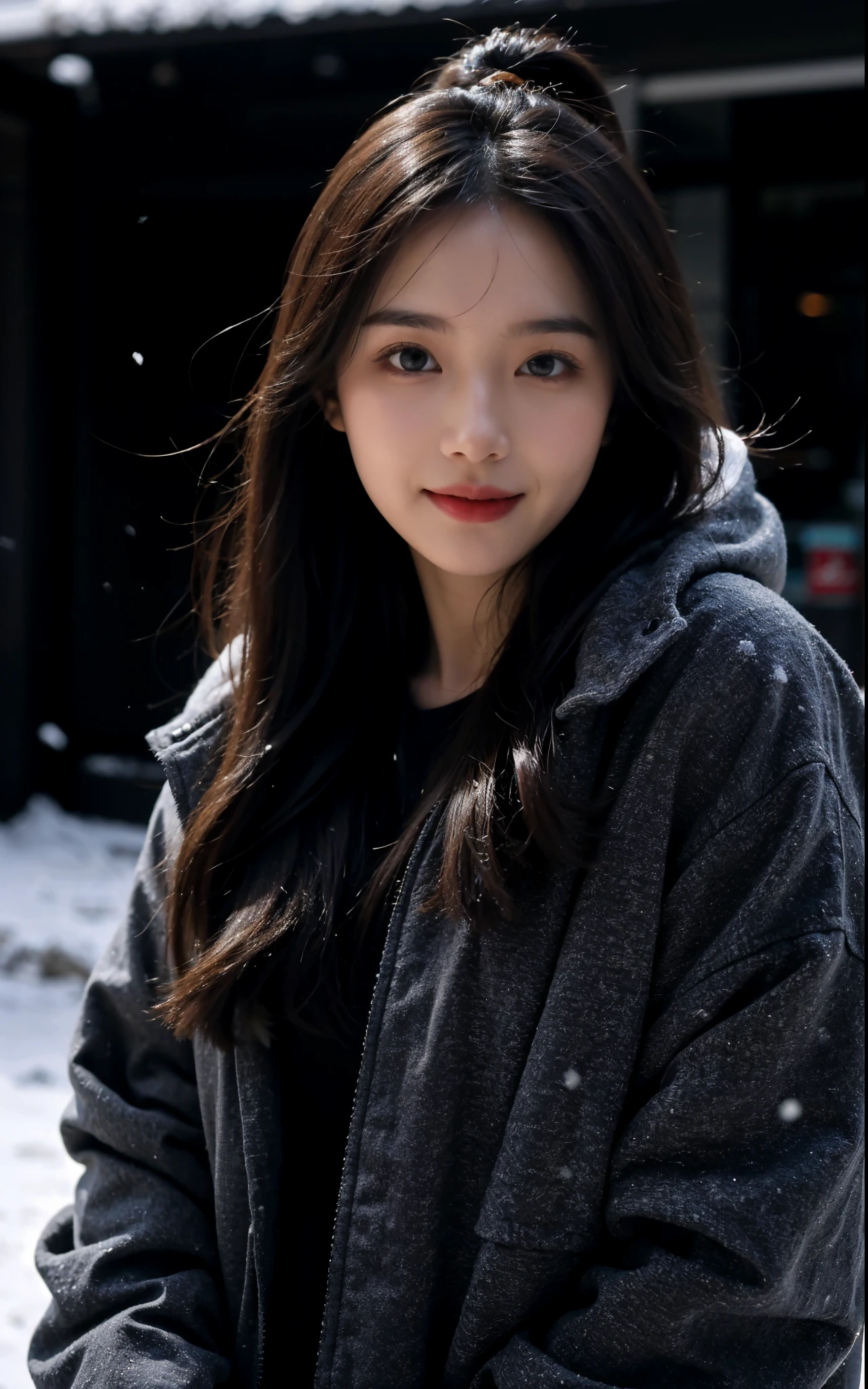 Wearing a white down jacket, Fair skin, 1 girl,Close your mouth and smile,Winters,23-year-old girl,high qulity,looks into camera,facing to audience,snowy days