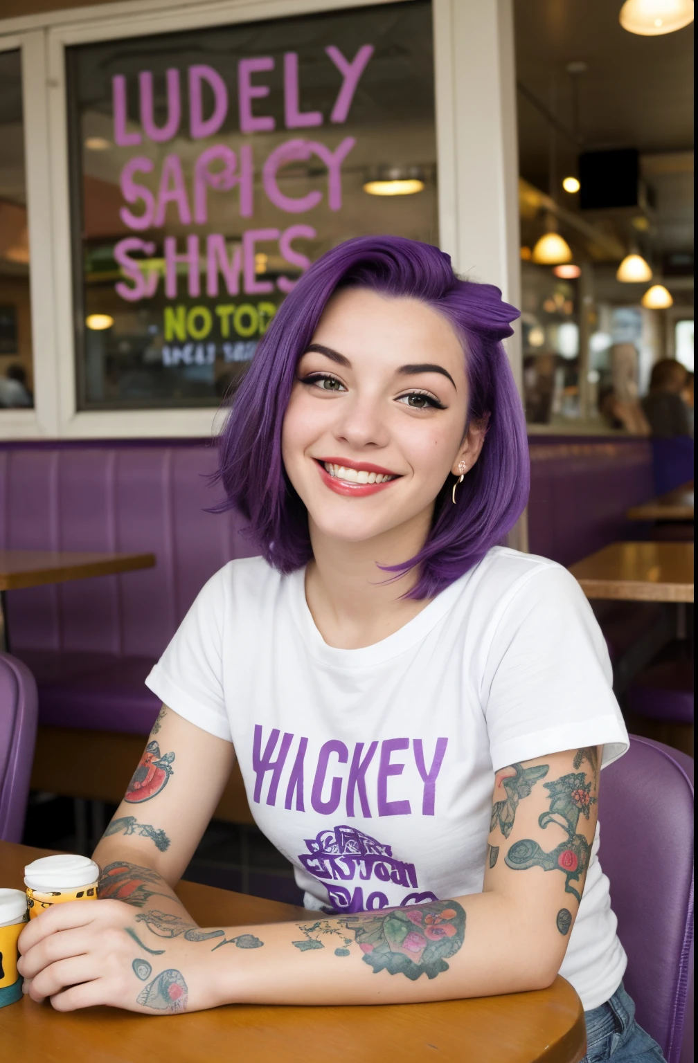 street photography photo of a young woman with purple hair, smile, happy, cute t-shirt, tattoos on her arms, sitting in a 50s diner