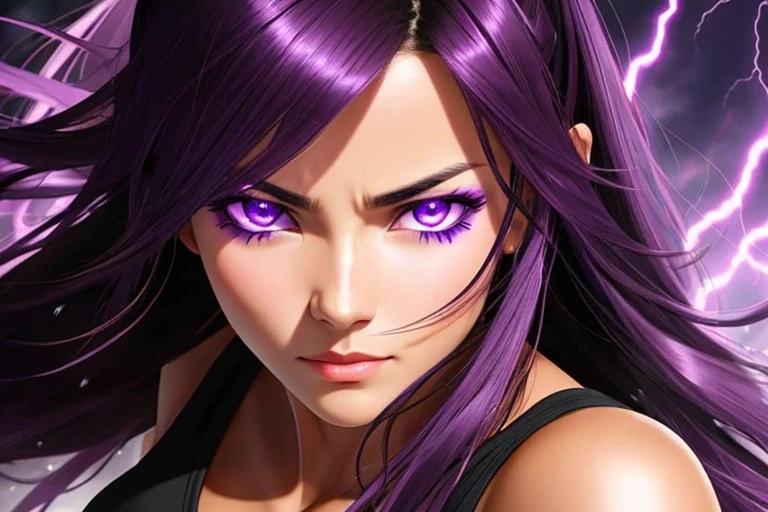Close up of Woman scowling with tan skin, dark brown eyes, black hair with purple ends, with lightning all around her, glowing purple eyes in battle scene anime