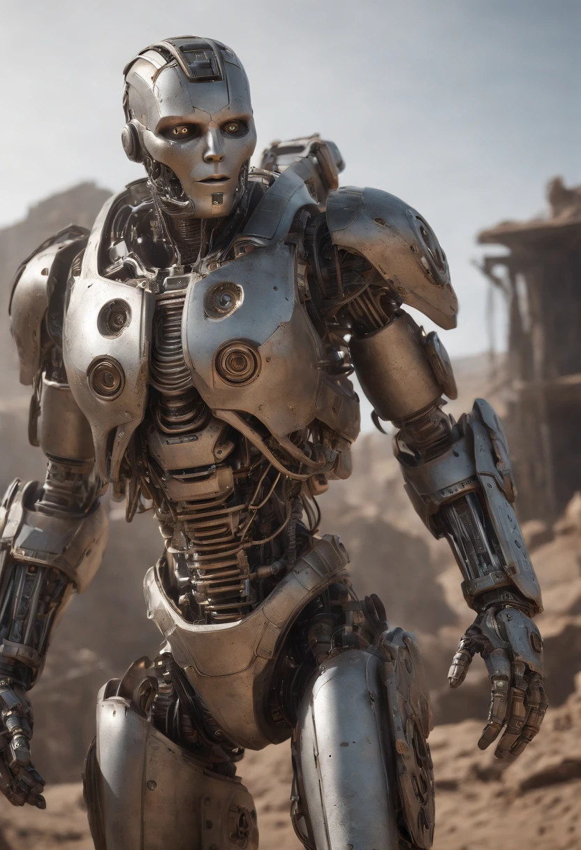 Envision an awe-inspiring scene featuring an extremely complex humanoid-model, meticulously highlighting every intricate detail, including gears, cables, and wire work throughout its body. Imagine this image in stunning 8K movie quality, capturing the essence of the damage and scratches that tell a narrative of relentless battles and wear.

Zoom in on the micro-details of the humanoid's internal machinery, showcasing the intricate arrangement of gears, the labyrinth of cables, and the precise layout of wire work. Emphasize the level of complexity that contributes to its advanced functionality and aesthetic appeal.

Highlight the battle-worn exterior, focusing on damage and scratches that tell a story of intense encounters and warfare. Capture the reflections of light on the scratched metal and chipped paint, enhancing the realism and depth of the humanoid's worn appearance.

Consider the lighting, allowing it to play a crucial role in accentuating the micro-details. Utilize cinematic lighting to cast dynamic shadows that enhance the three-dimensional quality of the humanoid, creating an immersive visual experience.

Imagine the humanoid in a dynamic pose, perhaps mid-action or standing amidst a dystopian environment that complements its battle-hardened appearance. Integrate elements like sparks emanating from damaged components and atmospheric effects that add to the overall cinematic quality of the scene.

This detailed prompt aims to inspire the creation of an extraordinary and visually immersive depiction of an extremely complex humanoid-model in 8K movie quality, focusing on extreme micro-details of gears, cables, and wire work, while showcasing the damage and scratches that tell a compelling narrative of its battle-worn existence.