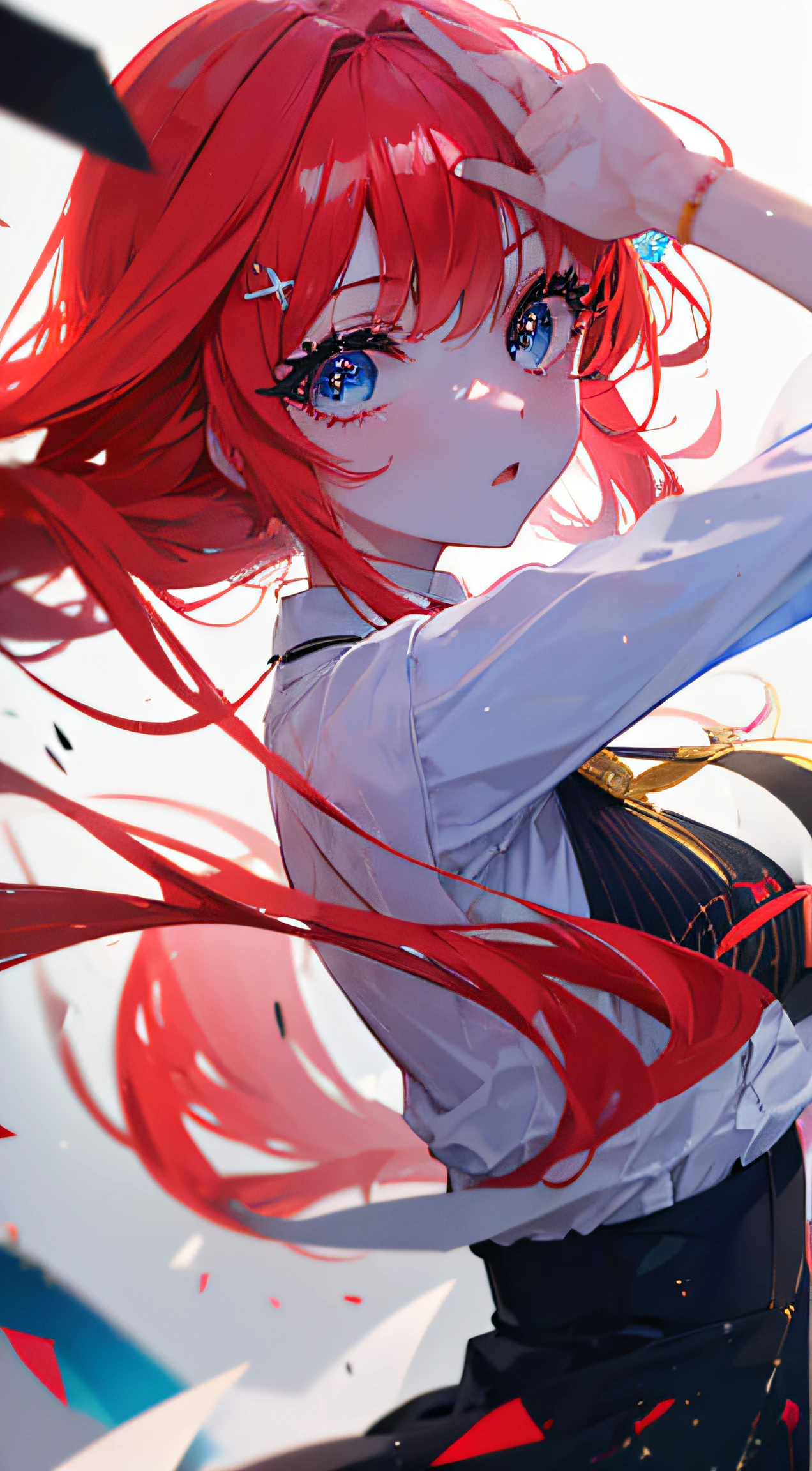 (Arte de alta calidad,anime,Ultra detallado),(La mejor calidad,4k,8k,Altas Resoluciones,Obra maestra:1.2),hermosos labios detallados,Ojos y cara extremadamente detallados,Pelo rojo,ojos brillantes, ojos azules, (Detalle Ojos:1.3), En pie,Paisaje de la ciudad