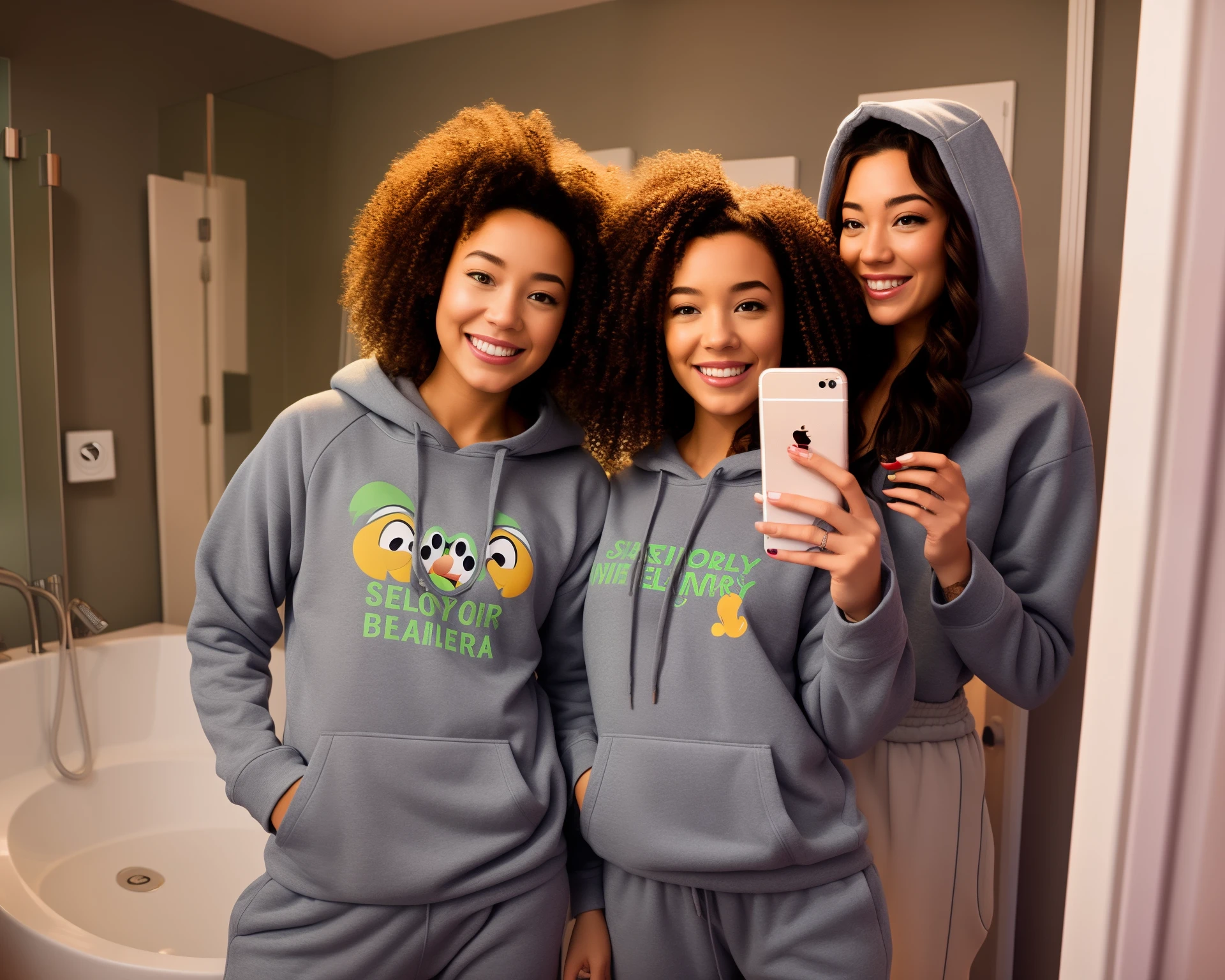disney pixar picture of couple taking mirror selfie in bathroom. girl on left is wearing grey crew neck and grey sweatpants, light makeup and has straight dirty blonde hair. she’s smiling and holding phone. boy on right has dirty blonde medium length curly hair, wearing green hoodie and elmo pyjama pants.