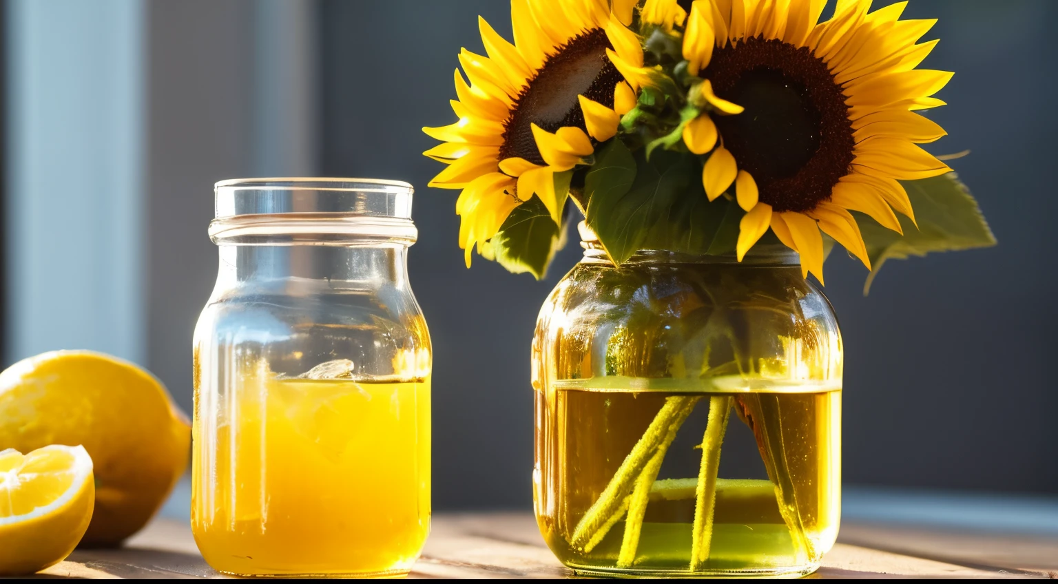 glass jar of honey on a wooden table next to a glass of lemonade, flower, NOhumans, fruits, food, still life, sunflower, blurry