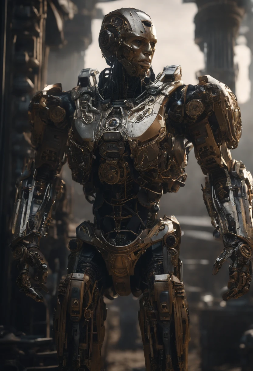 Envision an awe-inspiring scene featuring an extremely complex humanoid-model, meticulously highlighting every intricate detail, including gears, cables, and wire work throughout its body. Imagine this image in stunning 8K movie quality, capturing the essence of the damage and scratches that tell a narrative of relentless battles and wear.
Zoom in on the micro-details of the humanoid's internal machinery, showcasing the intricate arrangement of gears, the labyrinth of cables, and the precise layout of wire work. Emphasize the level of complexity that contributes to its advanced functionality and aesthetic appeal.
Highlight the battle-worn exterior, focusing on damage and scratches that tell a story of intense encounters and warfare. Capture the reflections of light on the scratched metal and chipped paint, enhancing the realism and depth of the humanoid's worn appearance.
Consider the lighting, allowing it to play a crucial role in accentuating the micro-details. Utilize cinematic lighting to cast dynamic shadows that enhance the three-dimensional quality of the humanoid, creating an immersive visual experience.
Imagine the humanoid in a dynamic pose, perhaps mid-action or standing amidst a dystopian environment that complements its battle-hardened appearance. Integrate elements like sparks emanating from damaged components and atmospheric effects that add to the overall cinematic quality of the scene.
This detailed prompt aims to inspire the creation of an extraordinary and visually immersive depiction of an extremely complex humanoid-model in 8K movie quality, focusing on extreme micro-details of gears, cables, and wire work, while showcasing the damage and scratches that tell a compelling narrative of its battle-worn existence.