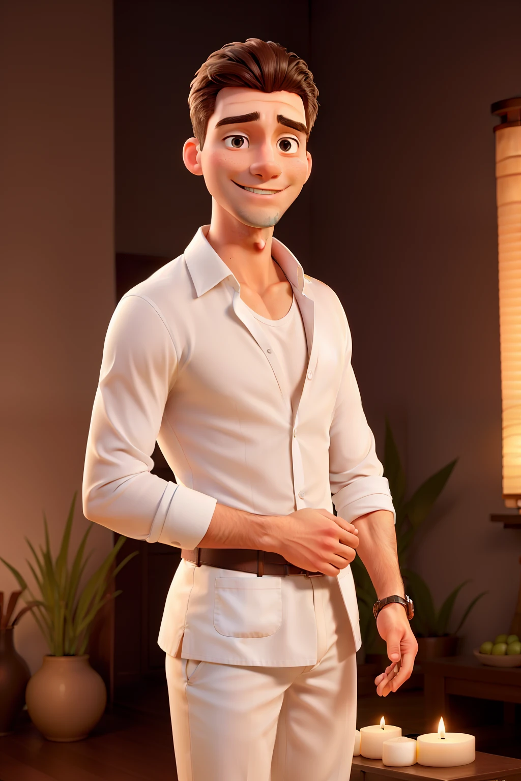 (best quality,highres),professional,male masseur,white blouse,white pants,holding a bamboo,rejuvenating spa massage,relaxing atmosphere,serene environment,dimmed lighting,endless tranquility,gentle touch,soothing music,A must-try massage experience