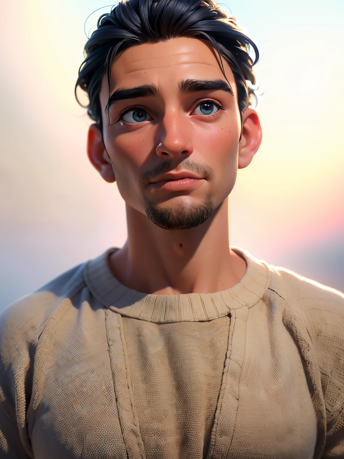 (best quality,ultra-detalhado,Realistic:1.37),homem usando roupas casuais,Olhos pretos, cabelos pretos,cabelo baixo,Shalom Catholic community background image,Cores quentes,soft lighting