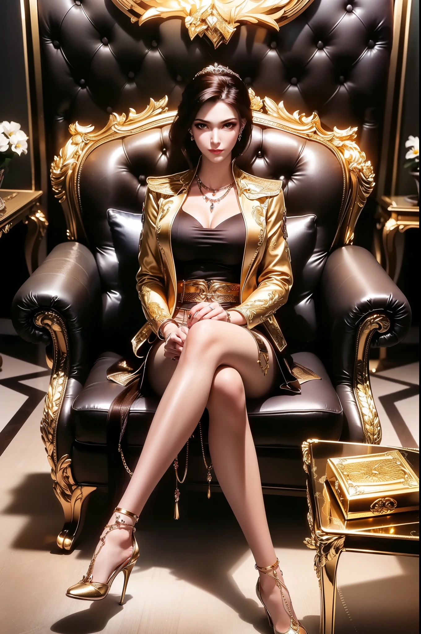 (beautifull mafia lady, large breast, medium bob hair, sitting on sofa, holding gold bar, gold bar everywhere, gold belt, detail luxury hairpin, mafia house, (luxury house ornament), (detail luxury leather jacket), luxury gold bra, (detail luxury leather skirt), panty, expensive detailed necklace, flower vase on glass table,  beautifull face, pretty face, beautifull eyes, beautifull nose, sexy lips, polished nails, raytracing, beautifull fingers, beautifull hands, sexy belly, sexy body, sexy shoulders, sexy hips, (luxury arm ornament), (luxury bracelet), (luxury ring), (luxury necklace), (luxury earring), (4 fingers in 1 hand), full body picture, pretty makeup, perfect anatomy, good lighting, professional photoshoot, closed up shoot, photomodel, photogenic, sfw