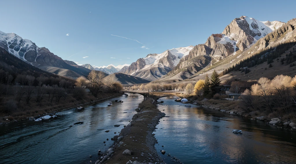 river running between a couple of mountains, 8K, (super detalle)