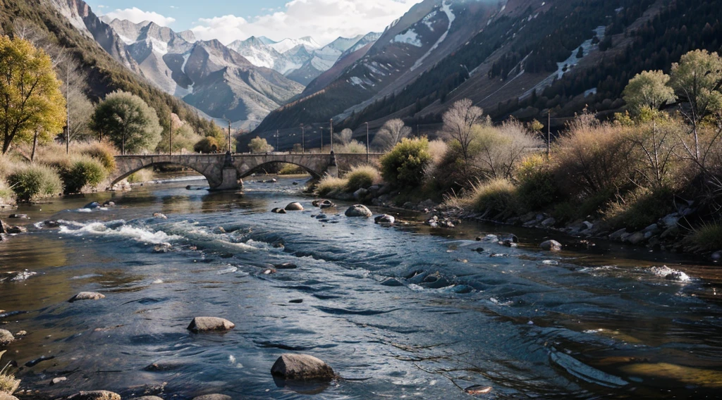 river running between a couple of mountains, 8K, (super detalle)