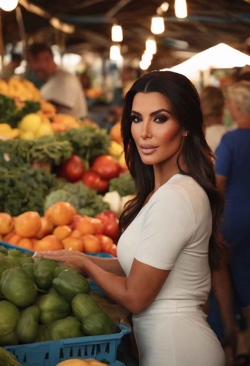 A photo of Kim Kardashian exploring a local farmers' market and picking out fresh produce.,original,She is a woman. She is short, with dark hair and brown eyes. She has large lips. She is known for her changing looks from plastic surgery. She is attractive and youthful in appearance.
