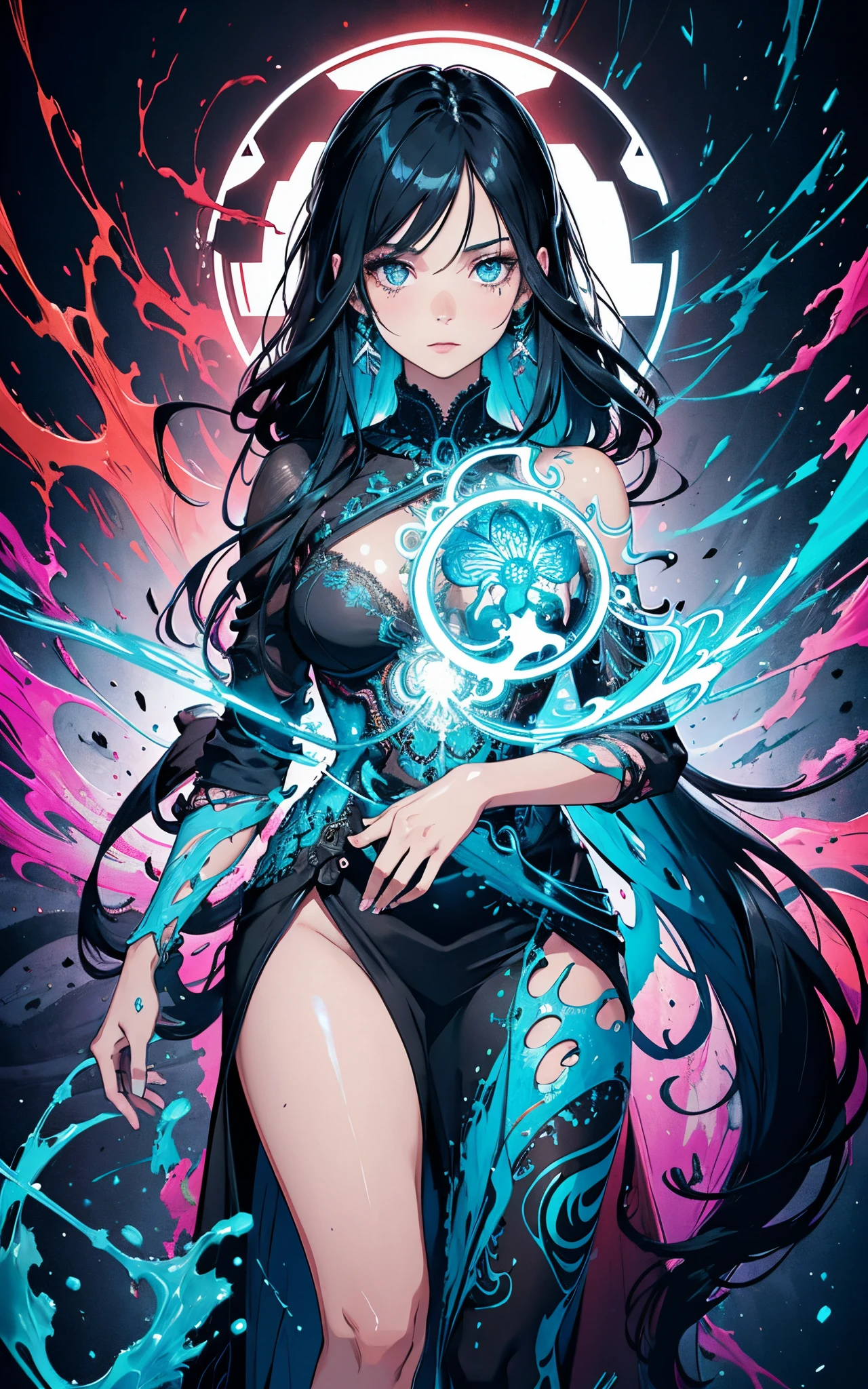 ultra-detailed artistic abstract beautiful indigenous woman with long black hair, magic with bioluminescent filigree, geometric photography, 32k fashion abstract poster, detailed symmetrical blue iris, natural body posture by artist russ mills, art by alberto seveso, by Carne Griffiths, by Wadim Kashin, symmetrical, abstract art style, sharp eyes, digital painting, burst of color, concept art , volumetric lighting, by GIlSam-paio octane rendering depicting innovation and truth, 8k, by Lee Jeffries, Alessio Albi, Adrian Kuipers, glamour, intricate detailed environment, lace, smudges , dark background, masterpiece, ornate, depth - studio Gs perfecty.