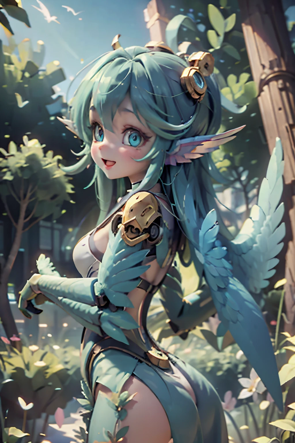 masterpiece、top-quality、hight resolution、8K、、1beautiful girl、20yr old、((harpy))、mechs、a mecha girl、((Mecha harpy))、kawaii eyes、big eye、dark light blue eyes、green colored hair、Twin-tailed、Smile with open mouth、teak、lip stick、bikini-armor、sexypose、dynamicposes、From Side,