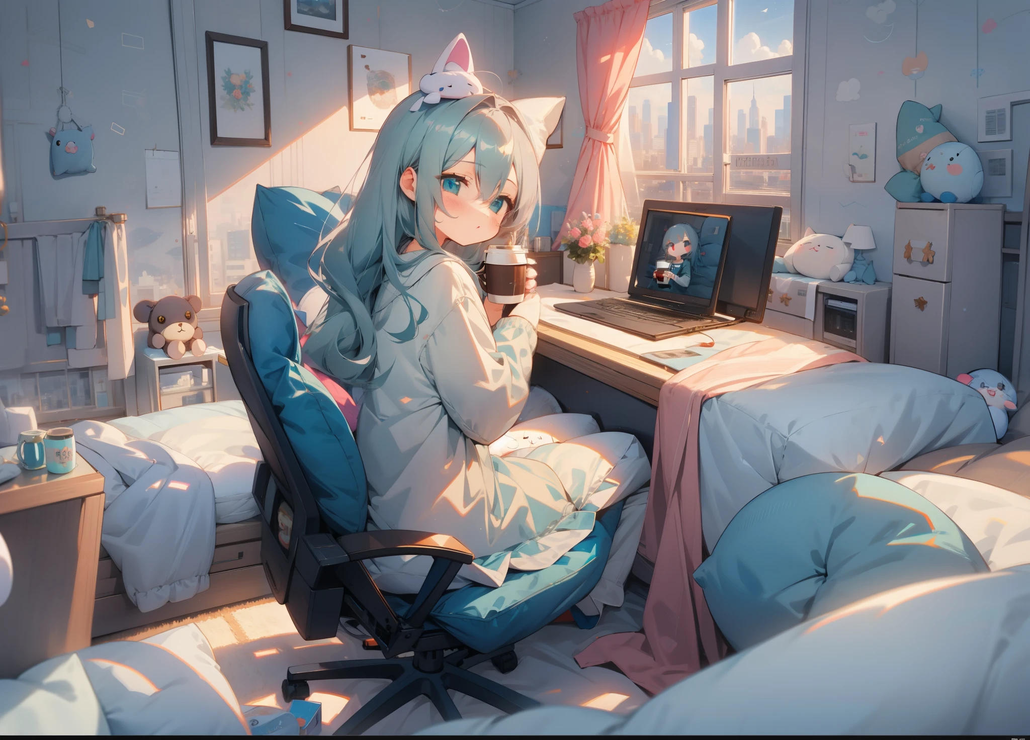 long gray teal hair, brown ayes, holding a cup of coffee, a wide shot of a bedroom, cute plushie and pillow on the bed, cute room, wide wallpaper. HD image, city background on the window,