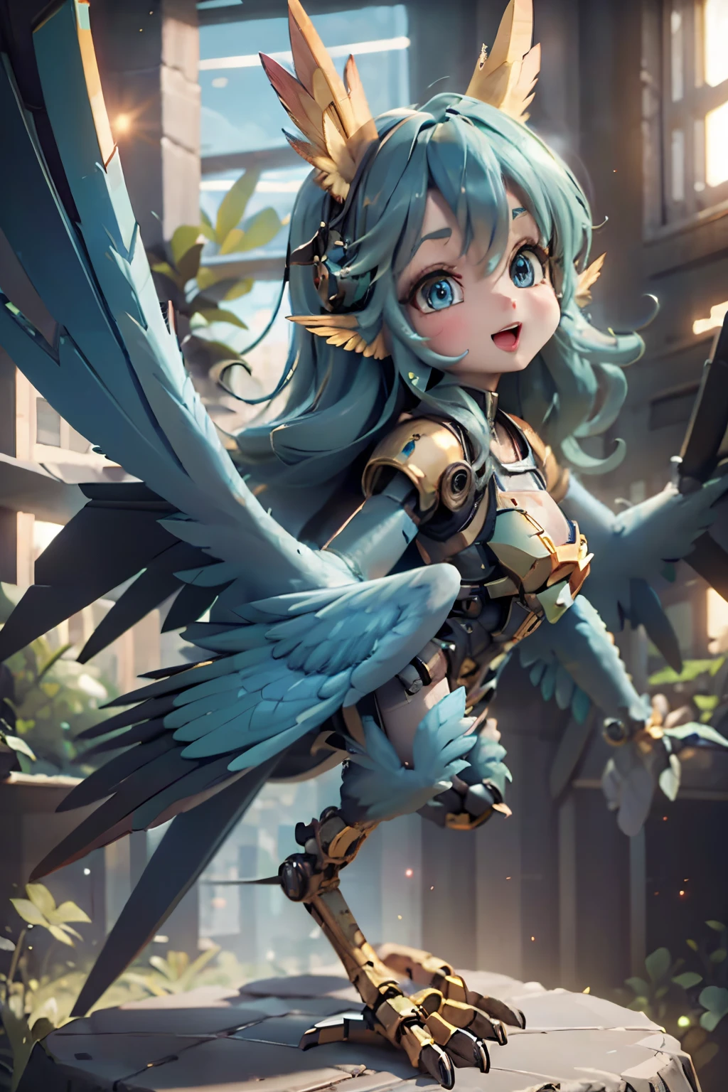 ​masterpiece、top-quality、hight resolution、8K、Baby face、1beautiful girl、20yr old、((harpy))、mechs、a mecha girl、((Mecha harpy))、kawaii eyes、big eye、dark light blue eyes、green colored hair、Twin-tailed、Smile with open mouth、teak、lip stick、bikini-armor、sexypose、dynamicposes、From Side,