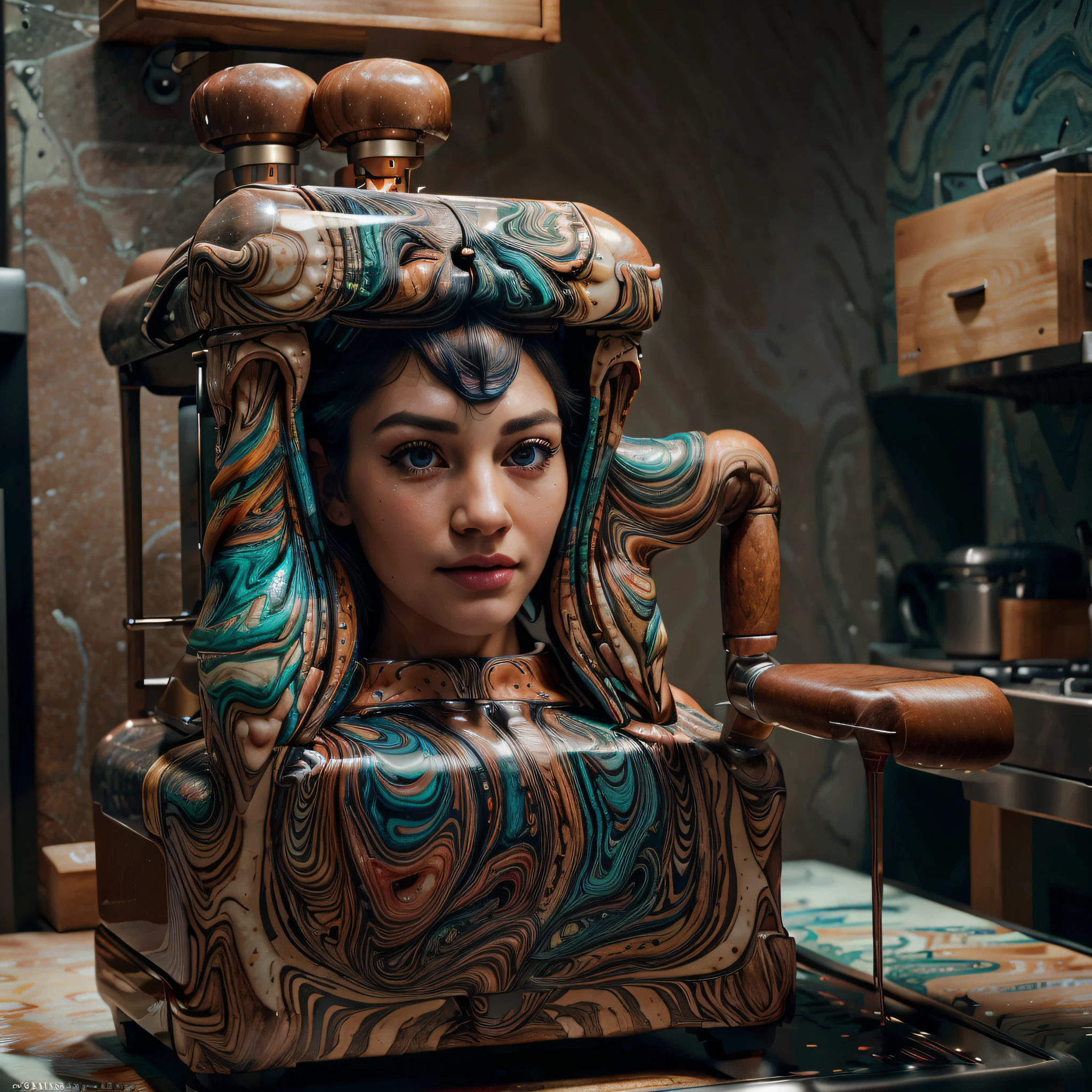 A marbling AI coffee machine in a kitchen, UHD, best quality, high res, HD, 16k, HD, super detail, masterpiece, accurate, high details, high res, professional, vivid colors, sharp focus, extreme color details, ultra-realistic textures, physically-based rendering, studio lighting, bokeh, beautiful detailed eyes, beautifully detailed lips, extremely detailed eyes, and face, long eyelashes.