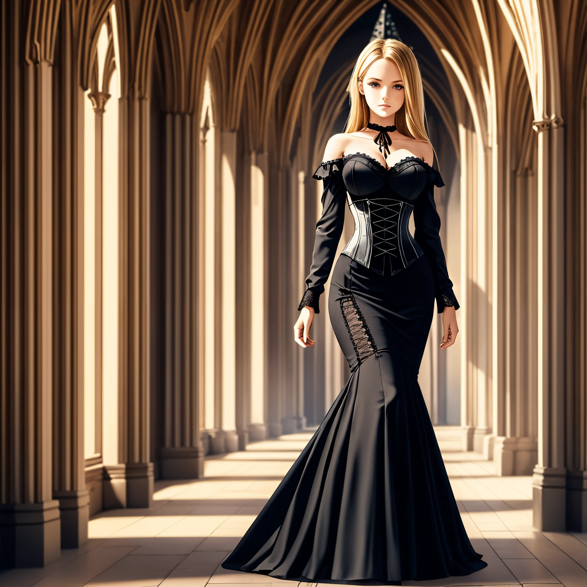 1 girl in the image, young, Europoid appearance, very beautiful, shoulder length blonde hair, dark marshy eye color, high forehead, high cheekbones, tall height, medium sized breasts, full-length, corridor, gothic architecture, correct isometry, wearing black gothic dress with lace, corset.